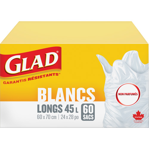 Tall 45L Unscented Garbage Bags, Regular, 24" W x 28" L, White Cam Industrial