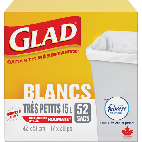 Tr&egrave;s petits sacs &agrave; ordures 15 L avec Febreze, R&eacute;gulier, 17" la x 20" lo, Blanc Cam Industrial