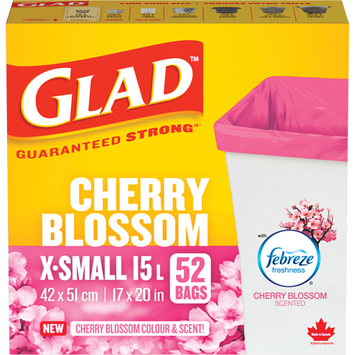 Glad&reg; Cherry Blossom Coloured & Scented Bags, Strong, 17" W x 20" L, Pink, 15 L (3.96 Gal.) Capacity Cam Industrial