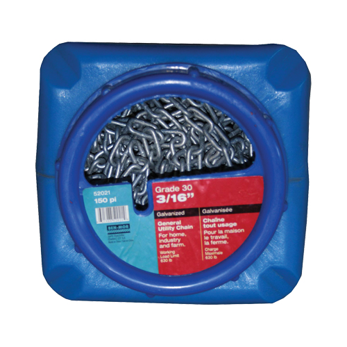 Chaînes galvanis&eacute;es par immersion &agrave; chaud, Acier au carbone, 3/16" x 150' (45,7 m) l, Calibre 30, Charge d'utilisation 630 lb (0,315 tonnes) Cam Industrial