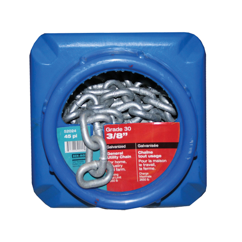 Hot-Dipped Galvanized Chains, Carbon Steel, 3/8" x 45' (13.7 m) L, Grade 30, 2650 lbs. (1.325 tons) Load Capacity Cam Industrial