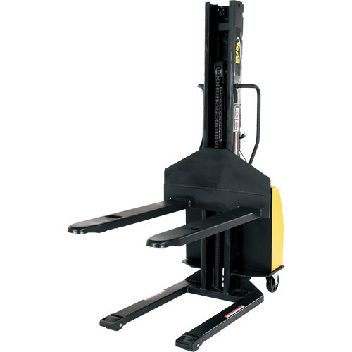 Narrow Mast Powered Lift Stacker, Electric Operated, 1500 lbs. Capacity, 63" Max Lift Cam Industrial