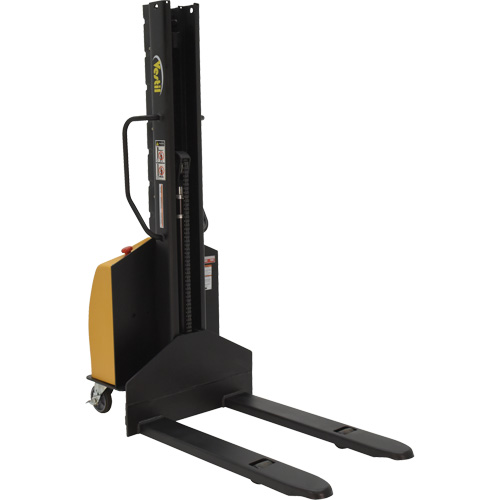 Narrow Mast Powered Lift Stacker, Electric Operated, 1000 lbs. Capacity, 63" Max Lift Cam Industrial