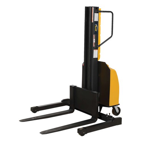 Narrow Mast Powered Lift Stacker, Electric Operated, 1500 lbs. Capacity, 98" Max Lift Cam Industrial