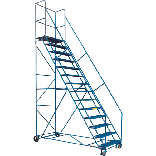 CSA-Certified Rolling Step Ladder with Locking Step, 14 Steps, 30" Step Width, 128" Platform Height, Steel Cam Industrial