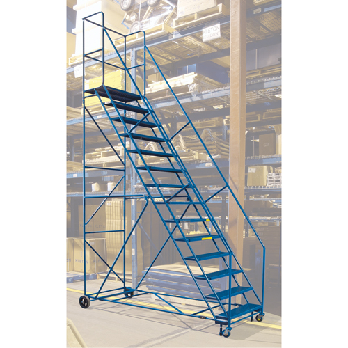 CSA-Certified Rolling Step Ladder with Locking Step, 14 Steps, 30" Step Width, 128" Platform Height, Steel Cam Industrial