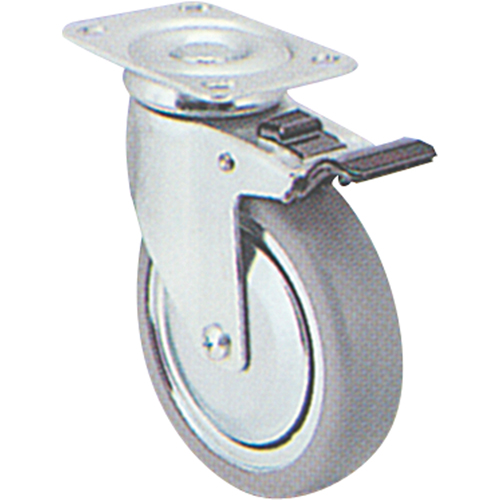 Zinc Plated Caster, Swivel with Brake, 4" (101.6 mm), Rubber, 200 lbs. (91 kg.) Cam Industrial