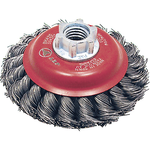 Brosse conique &agrave; fils torsad&eacute;s BK420T, Dia. 4", Fils 0,02", Arbre 5/8"-11, Acier Cam Industrial