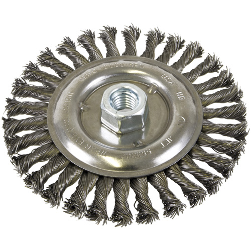 Brosse filet&eacute;e &agrave; fils nou&eacute;es et face standard, Dia. 6", Fils 0,022", Arbre 5/8"-11, Acier Cam Industrial