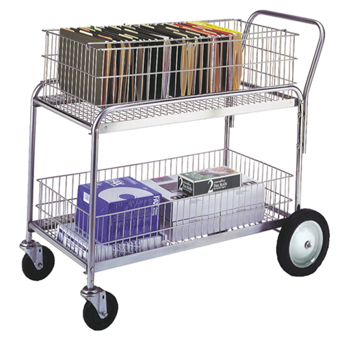Wire Mesh Office Mail Cart, 250 lbs. Capacity, Chrome, 23-3/4" D x 43" L x 38-1/2" H, Chrome Plated Cam Industrial