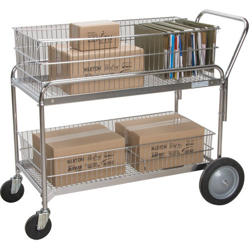 Wire Mesh Office Mail Cart, 250 lbs. Capacity, Chrome, 23" D x 42" L x 38" H, Chrome Plated Cam Industrial