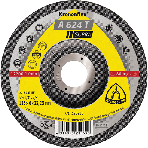 A 624 T Supra Kronenflex&reg; Grinding Disc, 5" x 1/4", 7/8" Arbor Cam Industrial