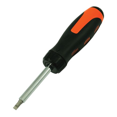 Ratcheting Multibit Screwdriver, 10-3/5" L, Cushion Grip Handle Cam Industrial