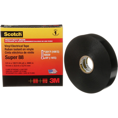 Scotch&reg; Super 88 Professional-Grade  Electrical Tape, 19 mm (3/4") W x 32.9 m (108') L, 8.5 mils, Black Cam Industrial