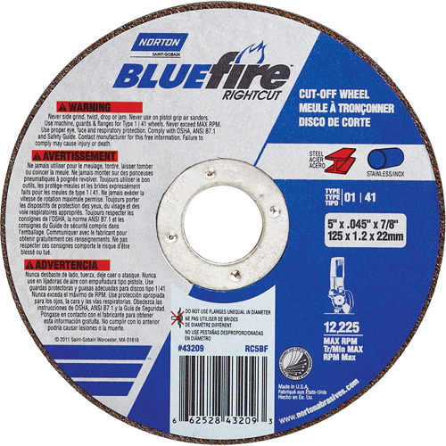 BlueFire&reg; Cut-off Wheel, 4-1/2" x 0.045"/1/16", 7/8" Arbor, Type 01/41, Aluminum Oxide/Zirconium, 13580 RPM Cam Industrial