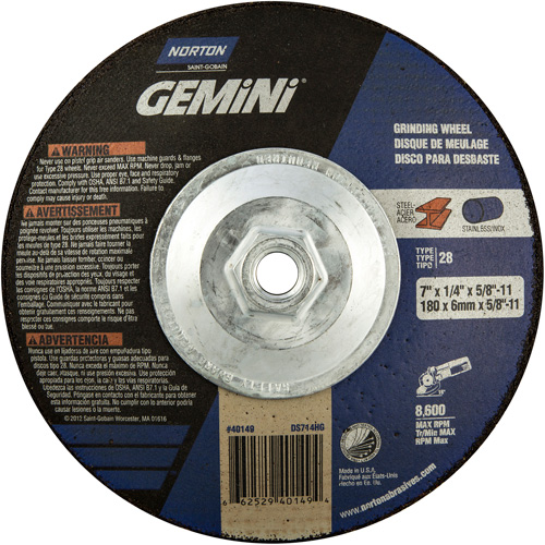 Gemini&reg; Saucer Wheel, 7" x 1/4", 5/8"-11 Arbor, Aluminum Oxide, Type 28 Cam Industrial
