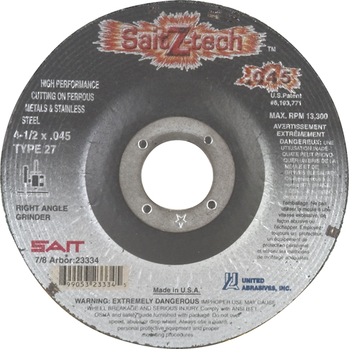 Cutting Wheel Z-Tech, 4-1/2" x 0.045", 7/8" Arbor, Type 27, Zirconium, 13300 RPM Cam Industrial
