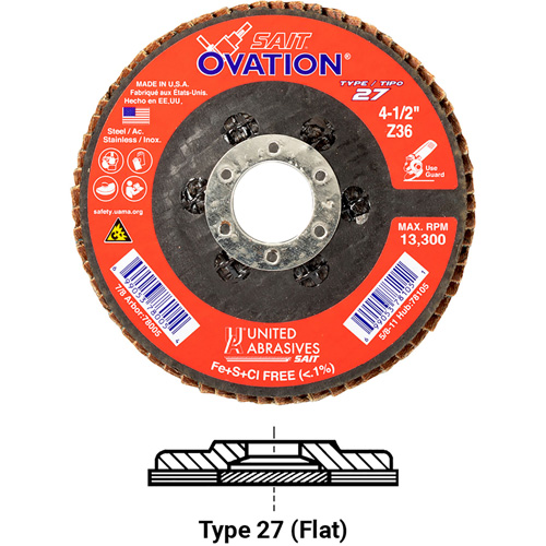 Ovation Flap Disc, 4-1/2" x 5/8"-11, Type 27, 36 Grit, Zirconium Cam Industrial