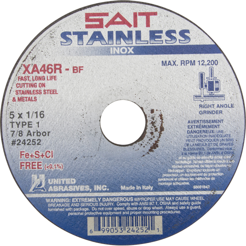 Cut-Off Wheel Contaminant-Free ZA46R, 15" x 1/16", 7/8" Arbor, Type 1, Aluminum Oxide, 12200 RPM Cam Industrial