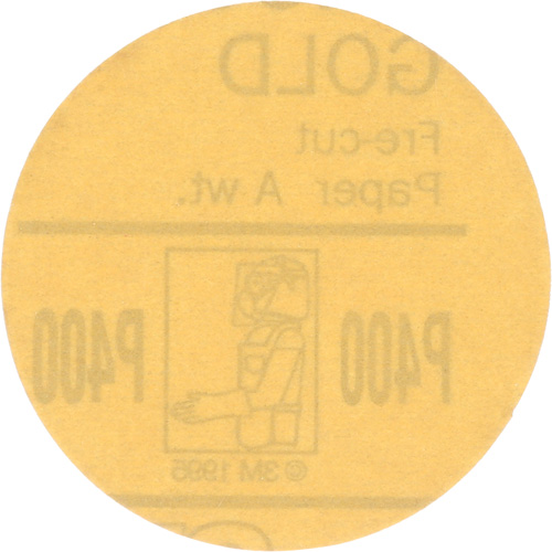 Gold Hookit Disc, 3" Dia., P400 Grit, Aluminum Oxide, C-Weight Cam Industrial