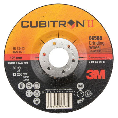 Meules &agrave; moyeu d&eacute;port&eacute; Cubitron II, 5" x 1/4", Arbre 7/8", Type 27 Cam Industrial