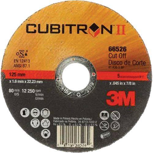 Cut-Off Wheels - CubitronII, 5" x 0.045"/0.05", 7/8" Arbor, Type 1, Ceramic, 12250 RPM Cam Industrial