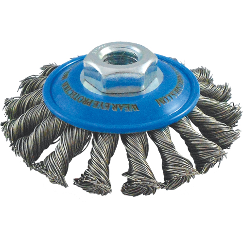Knotted Wire Wheel Saucer Brushes, 5" Dia., 0.02" Fill, 5/8"-11 Arbor, Stainless Steel Cam Industrial