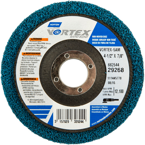 Vortex Non-Woven Disc, 4-1/2" Dia. x 1/2" W, 7/8" Arbor, Aluminum Oxide Cam Industrial