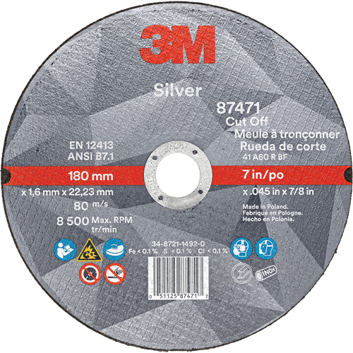 Silver Cut-Off Wheel, 7" x 0.045", 7/8" Arbor, Type 1, Ceramic, 8500 RPM Cam Industrial