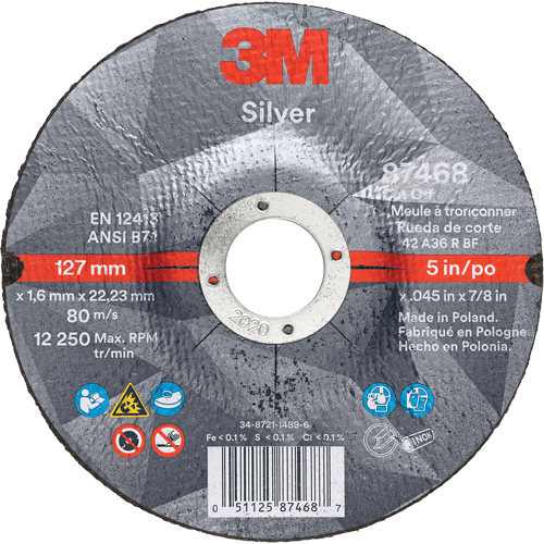 Silver Cut-Off Wheel, 5" x 0.045", 7/8" Arbor, Type 27, Ceramic, 12250 RPM Cam Industrial