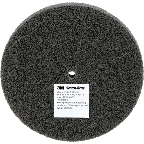 Meule unitaris&eacute;e EXL Scotch-Brite, 5" x 1/2", Arbre de 1/4", Grain de Fin, Carbure de silicium Cam Industrial
