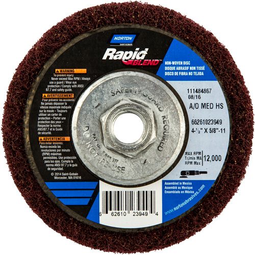 Meule abrasive non tiss&eacute;e &agrave; moyeu d&eacute;port&eacute; Rapid Blend, 4-1/2" dia., Grain 150-180, Oxyde d'aluminium Cam Industrial