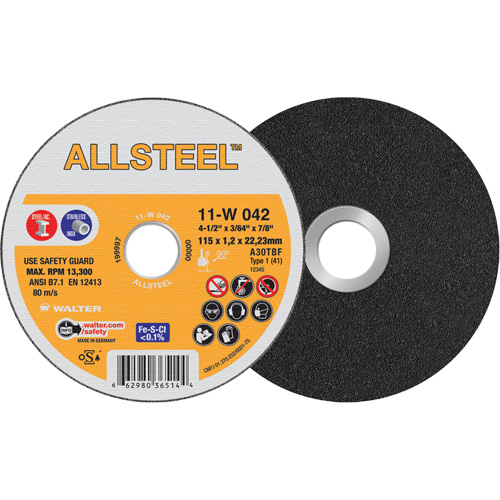 AllSteel Cut-Off Wheel, 4-1/2" x 3/64", 7/8" Arbor, Type 1, Aluminum Oxide, 13300 RPM Cam Industrial