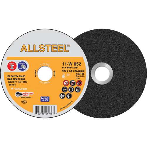 AllSteel Cut-Off Wheel, 5" x 3/64", 7/8" Arbor, Type 1, Aluminum Oxide, 12250 RPM Cam Industrial