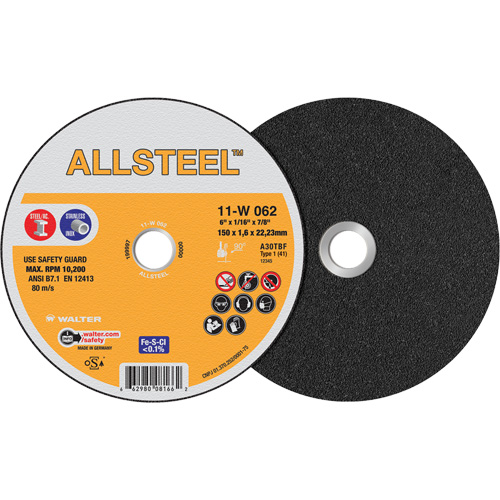 AllSteel Cut-Off Wheel, 6" x 1/16", 7/8" Arbor, Type 1, Aluminum Oxide, 10200 RPM Cam Industrial