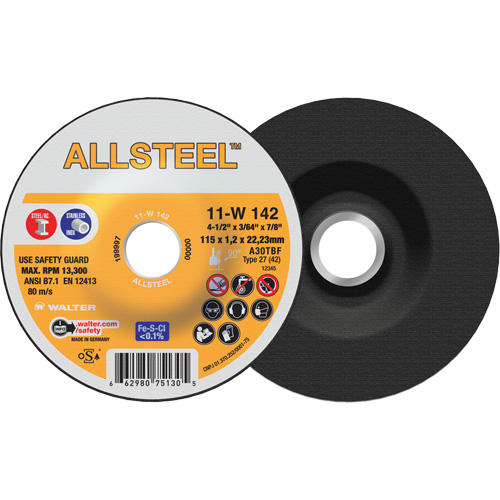 AllSteel Cut-Off Wheel, 4-1/2" x 3/64", 7/8" Arbor, Type 27, Aluminum Oxide, 13300 RPM Cam Industrial