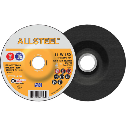AllSteel Cut-Off Wheel, 5" x 3/64", 7/8" Arbor, Type 27, Aluminum Oxide, 12250 RPM Cam Industrial