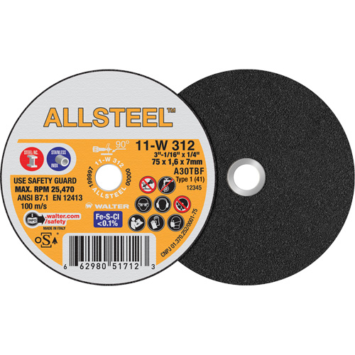 AllSteel Mini Cut-Off Wheel, 3" x 1/16", 1/4" Arbor, Type 1, Aluminum Oxide, 25470 RPM Cam Industrial