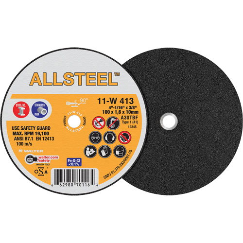 AllSteel Mini Cut-Off Wheel, 4" x 1/16", 3/8" Arbor, Type 1, Aluminum Oxide, 19100 RPM Cam Industrial
