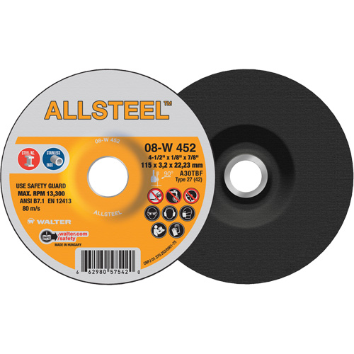 AllSteel Grinding Wheel, 4-1/2" x 1/8", 7/8" Arbor, Aluminum Oxide, Type 27 Cam Industrial
