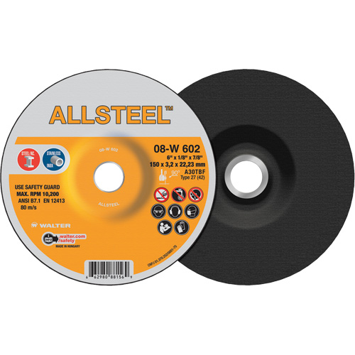 AllSteel Grinding Wheel, 6" x 1/8", 7/8" Arbor, Aluminum Oxide, Type 27 Cam Industrial