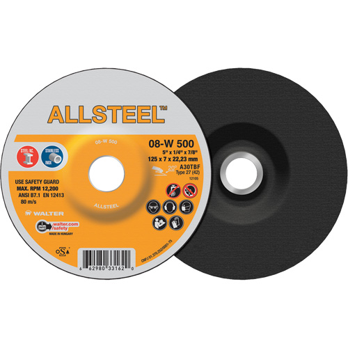 AllSteel Grinding Wheel, 5" x 1/4", 7/8" Arbor, Aluminum Oxide, Type 27 Cam Industrial