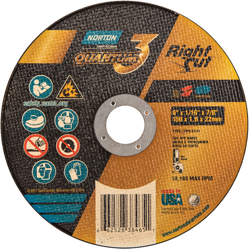Quantum3 RightCut Cut-Off Wheel, 6" x 1/16", 7/8" Arbor, Type 01/41, Aluminum Oxide, 10185 RPM Cam Industrial