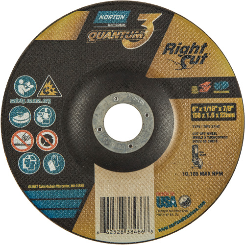 Quantum3 RightCut Cut-Off Wheel, 6" x 1/16", 7/8" Arbor, Type 27/42, Aluminum Oxide, 10185 RPM Cam Industrial