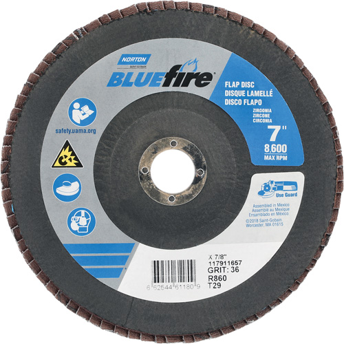 Disque &agrave; lamelle conique centr&eacute; BlueFire R884P/R884V/R860, 7" x 7/8", Type 29, Grain P36, Alumine de zirconium Cam Industrial
