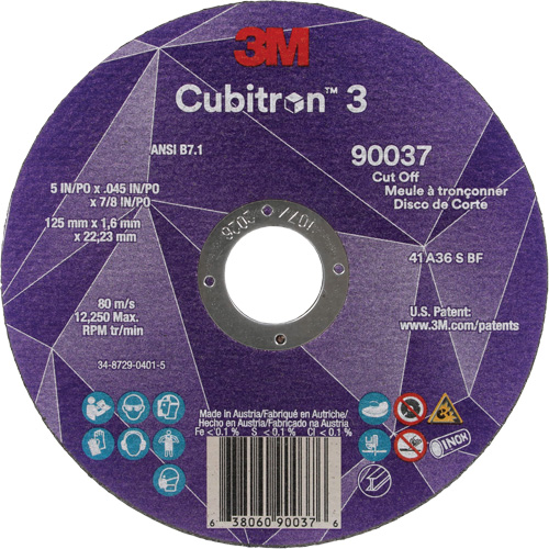 Cubitron 3 Cut-Off Wheel, 5" x 0.045", 7/8" Arbor, Type 1, Ceramic, 12250 RPM Cam Industrial
