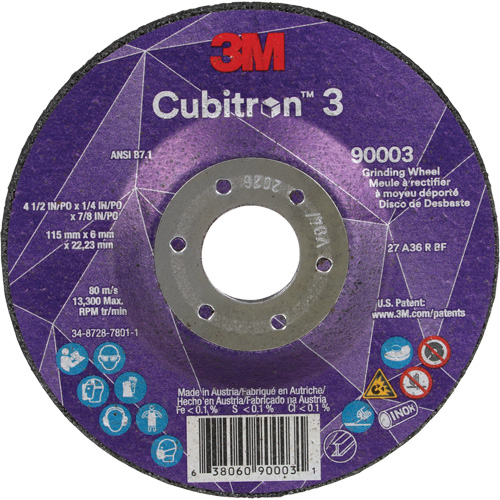 Cubitron 3 Depressed Centre Grinding Wheel, 4-1/2" x 1/4", 7/8" Arbor, Ceramic, Type T27 Cam Industrial