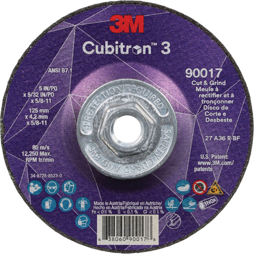 Cubitron 3 Cut & Grind Wheel, 5" x 5/32", 5/8"-11 Arbor, Type T27, 36+ Grit, Ceramic Cam Industrial