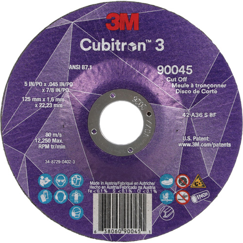 Cubitron 3 Cut-Off Wheel, 5" x 0.045", 7/8" Arbor, Type T27, Ceramic, 12250 RPM Cam Industrial
