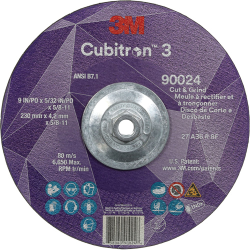 Cubitron 3 Cut and Grind Wheel, 9" x 5/32", 5/8"-11 Arbor, Type 27, 36 Grit, Ceramic Cam Industrial